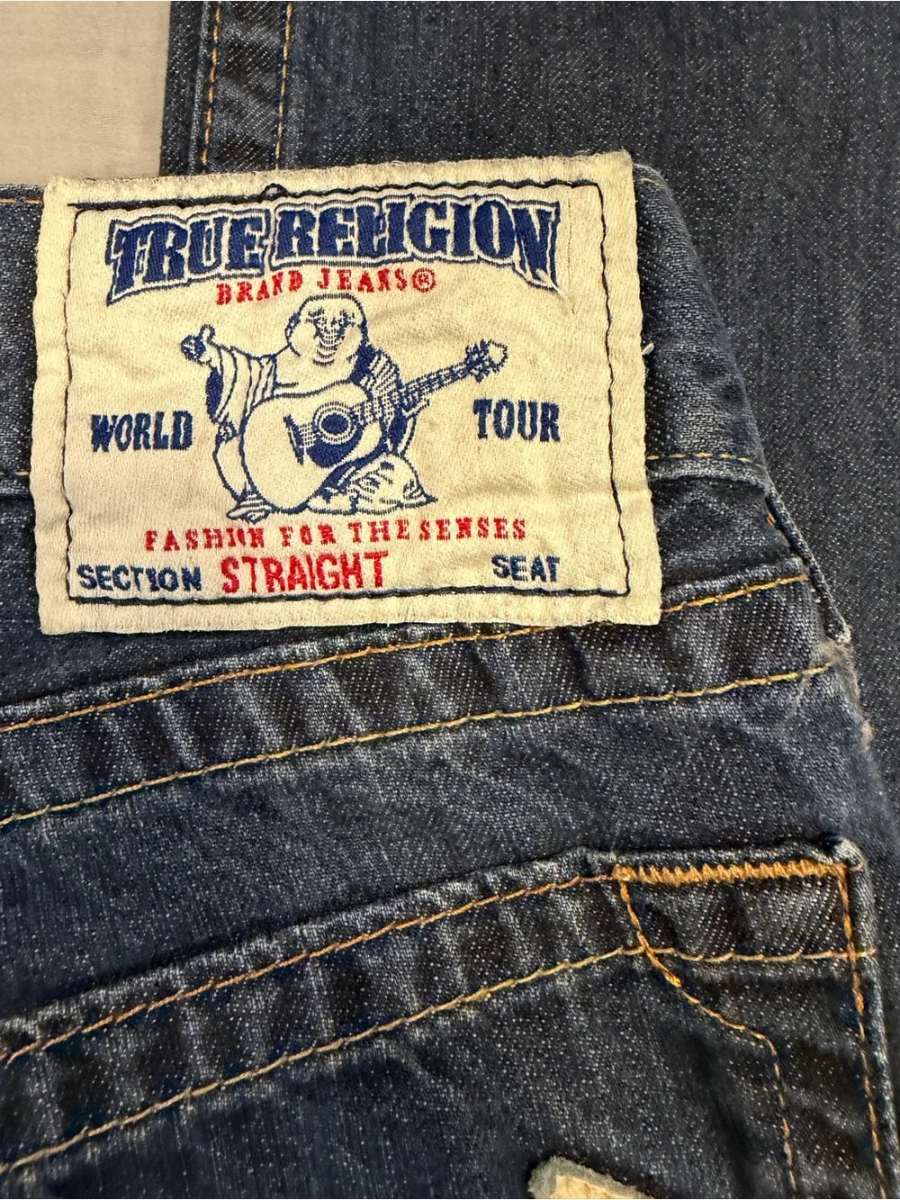 True Religion Men's Dark Blue Straight Jeans with White Pocket Trim